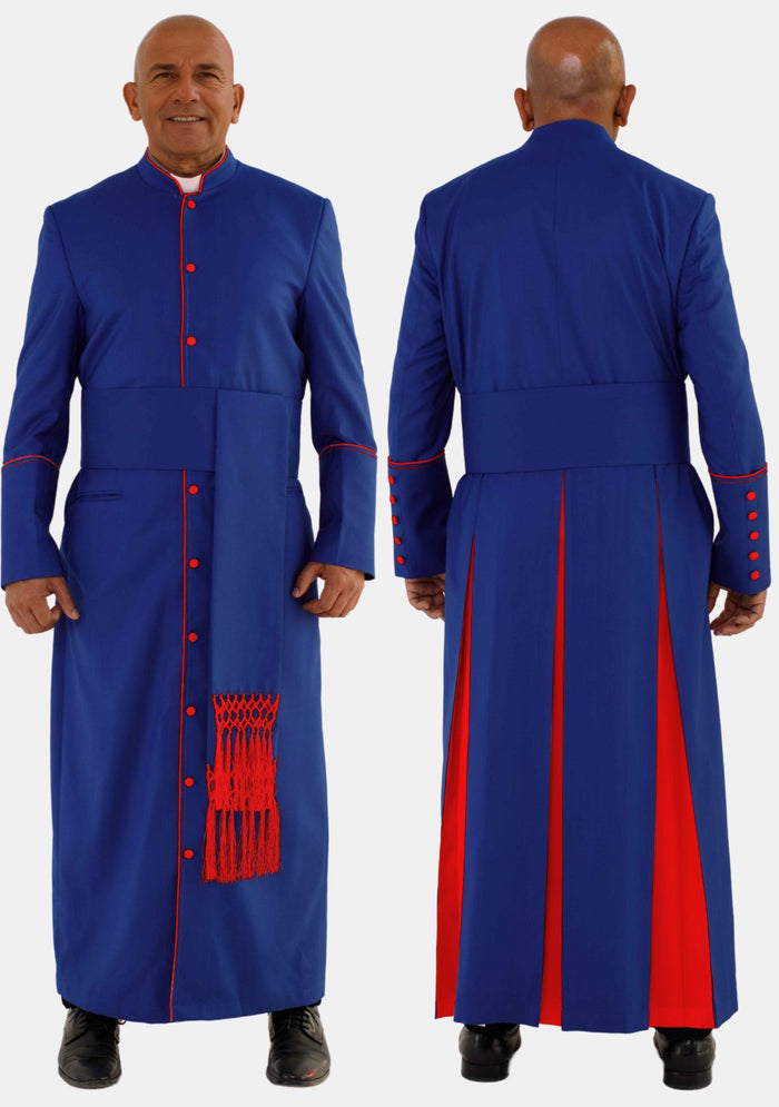 Robe de prêtre bleu roi avec bordure rouge pour homme