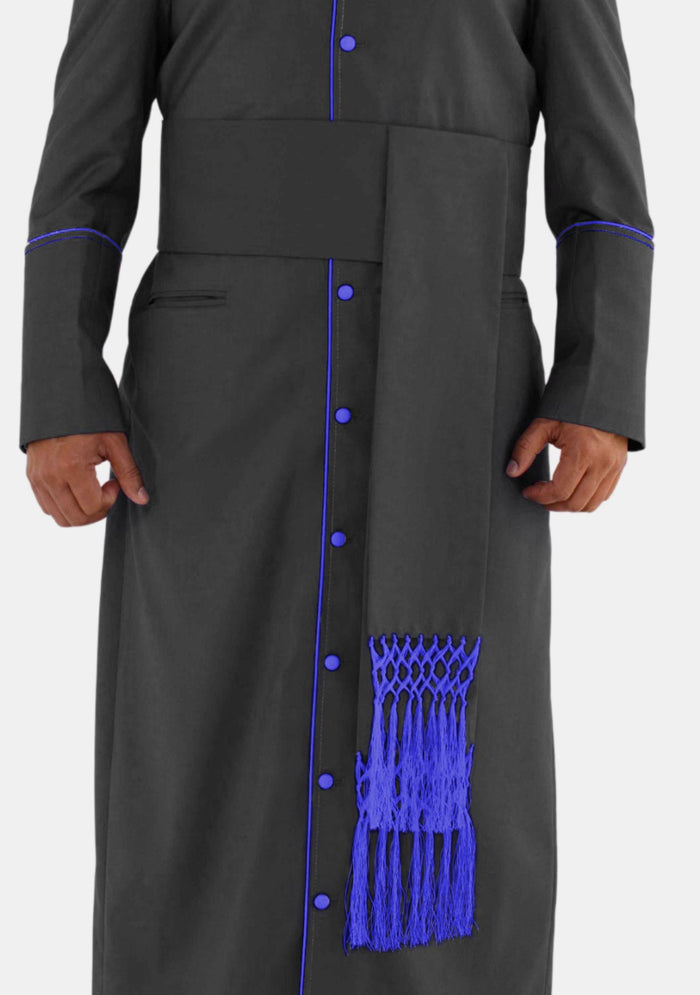 Ceinture noire avec franges nouées bleu roi