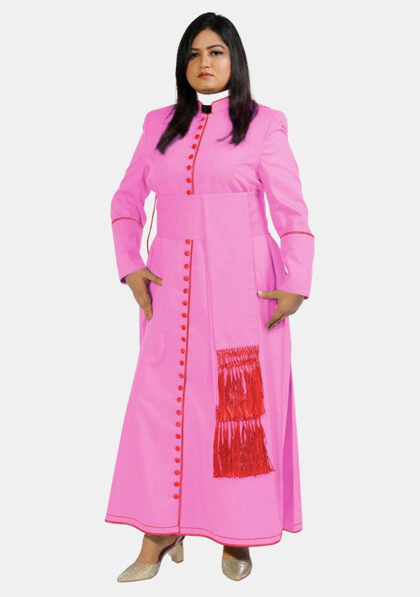 Soutane rose pour femme avec bordure rouge