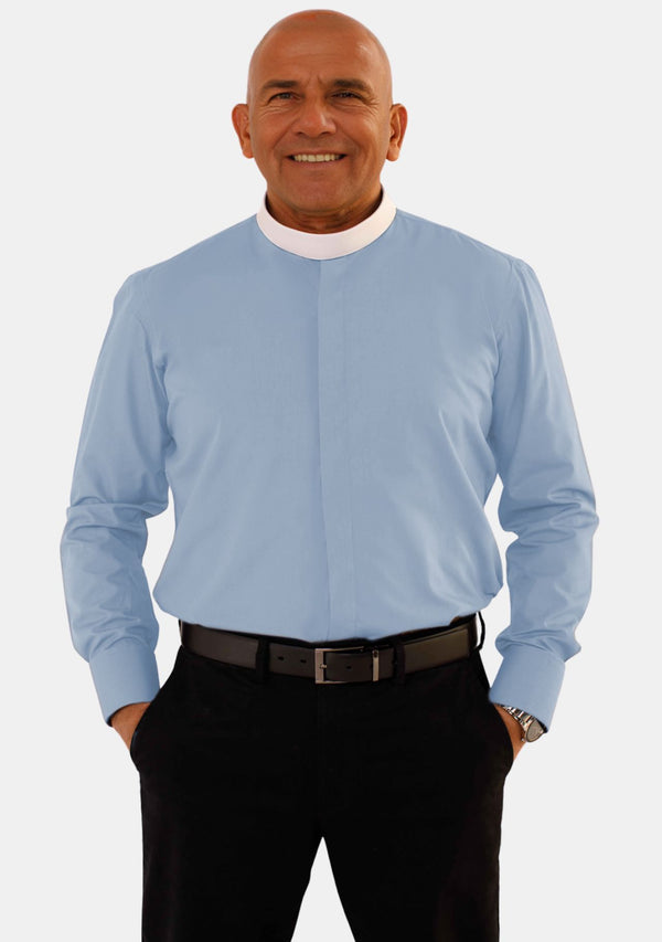 Chemise ecclésiastique bleu ciel à manches longues et col montant pour homme