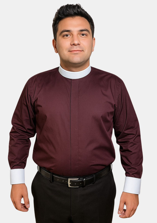 Chemise clergé marron à col à bandes