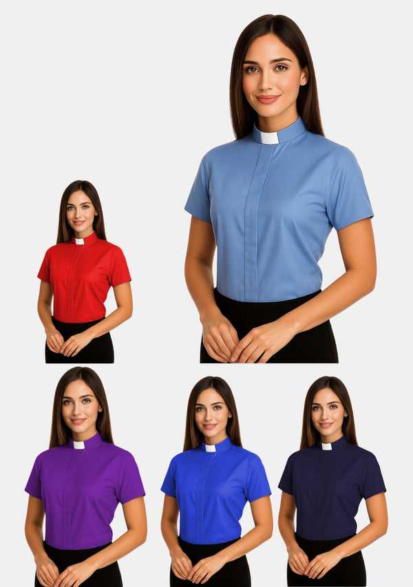 Chemise clergé à manches courtes et col à patte pour femme