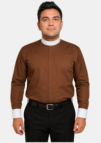 Chemise clergé marron à col à bandes