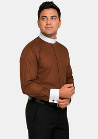 Chemise clergé marron à col à bandes