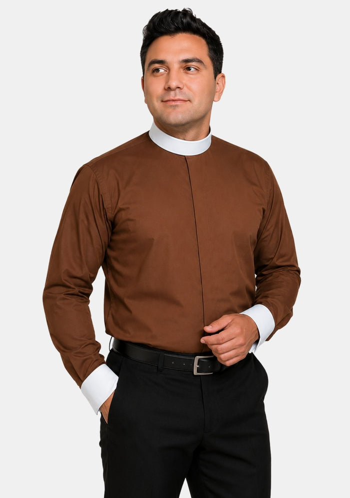 Chemise clergé marron à col à bandes