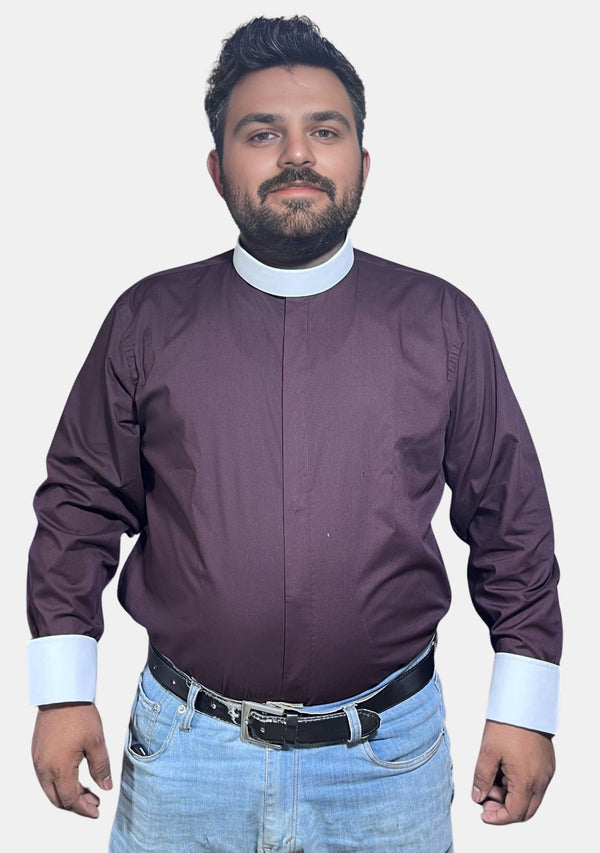 Chemise clergé marron à col à bandes