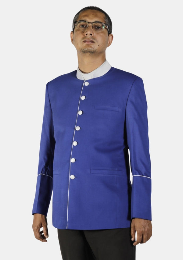 Veste de pasteur bleu roi à bordures blanches