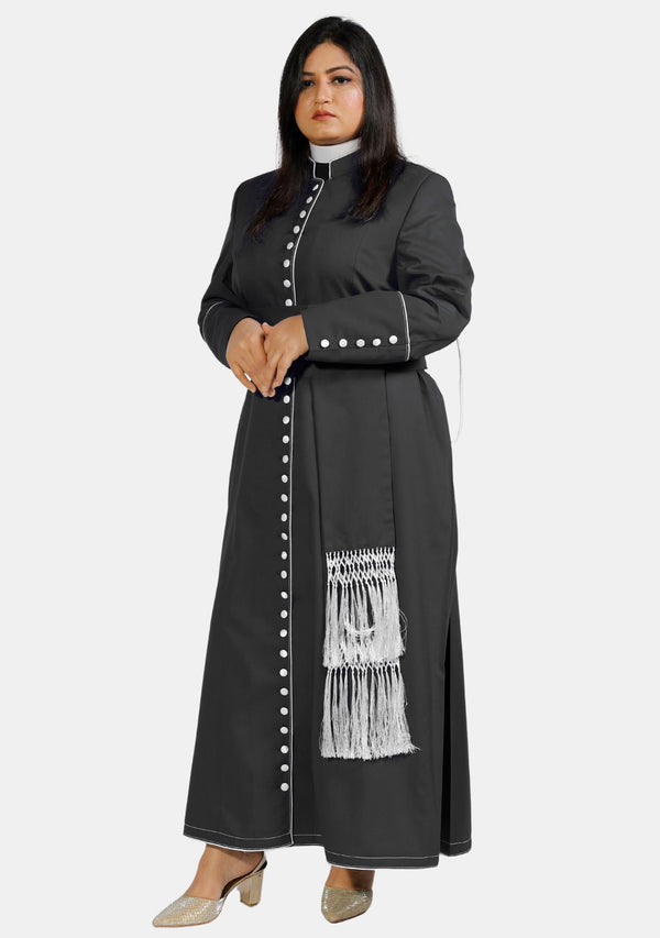 Soutane de prêtre noire de dévotion avec bordure blanche pour femme