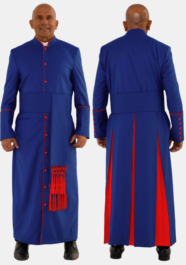 Robe de prêtre bleu roi avec bordure rouge pour homme