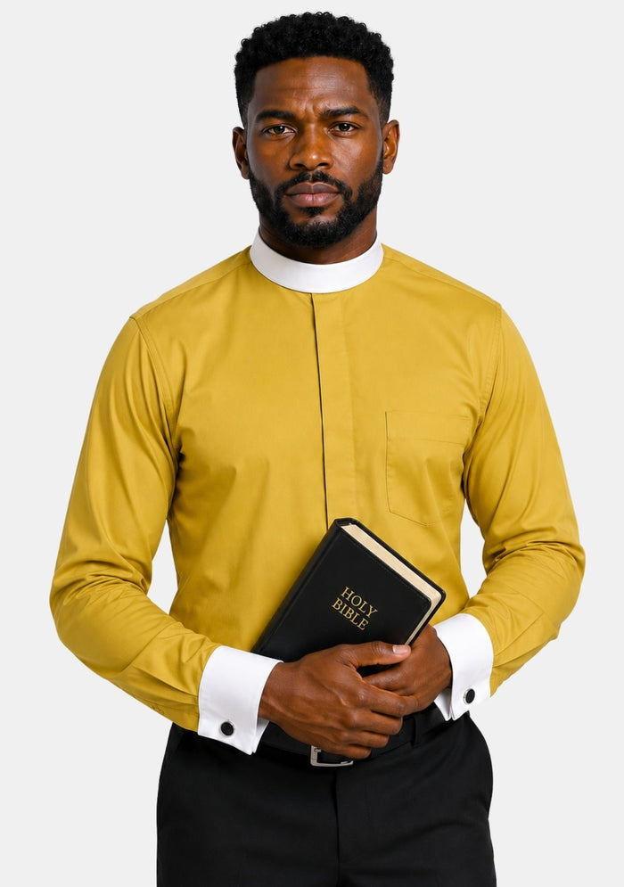 Chemise clergé marron à col à bandes