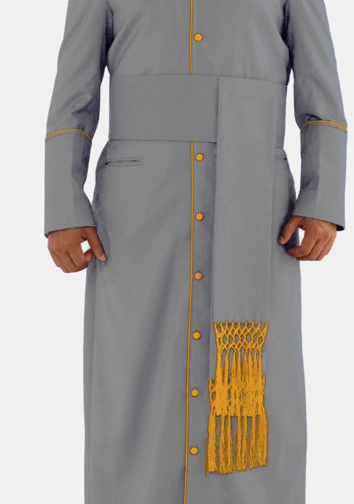 Ceinture grise avec franges nouées dorées