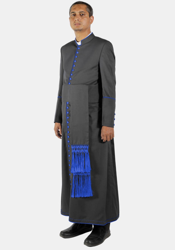 Soutane noire à passepoil bleu pour homme