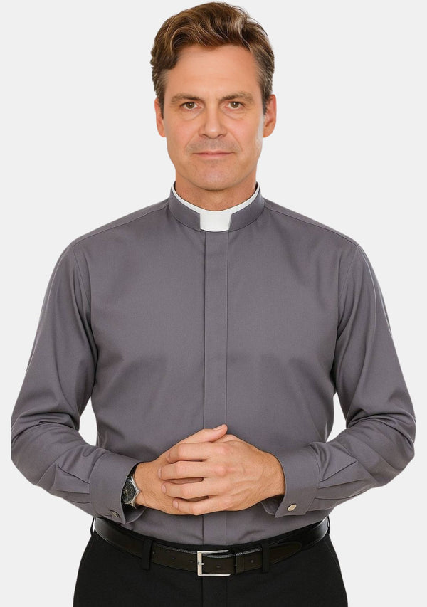 Chemise grise à manches longues et col romain