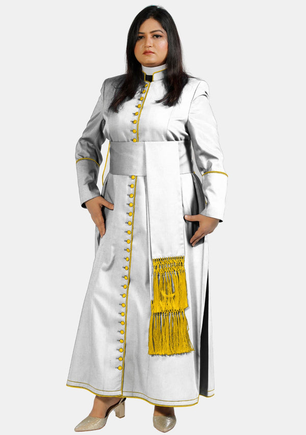 Soutane blanche lumineuse pour femme avec bordure dorée