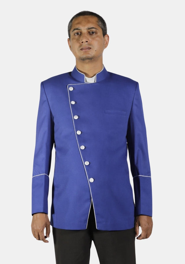 Veste de pasteur croisée bleu roi avec bordure blanche