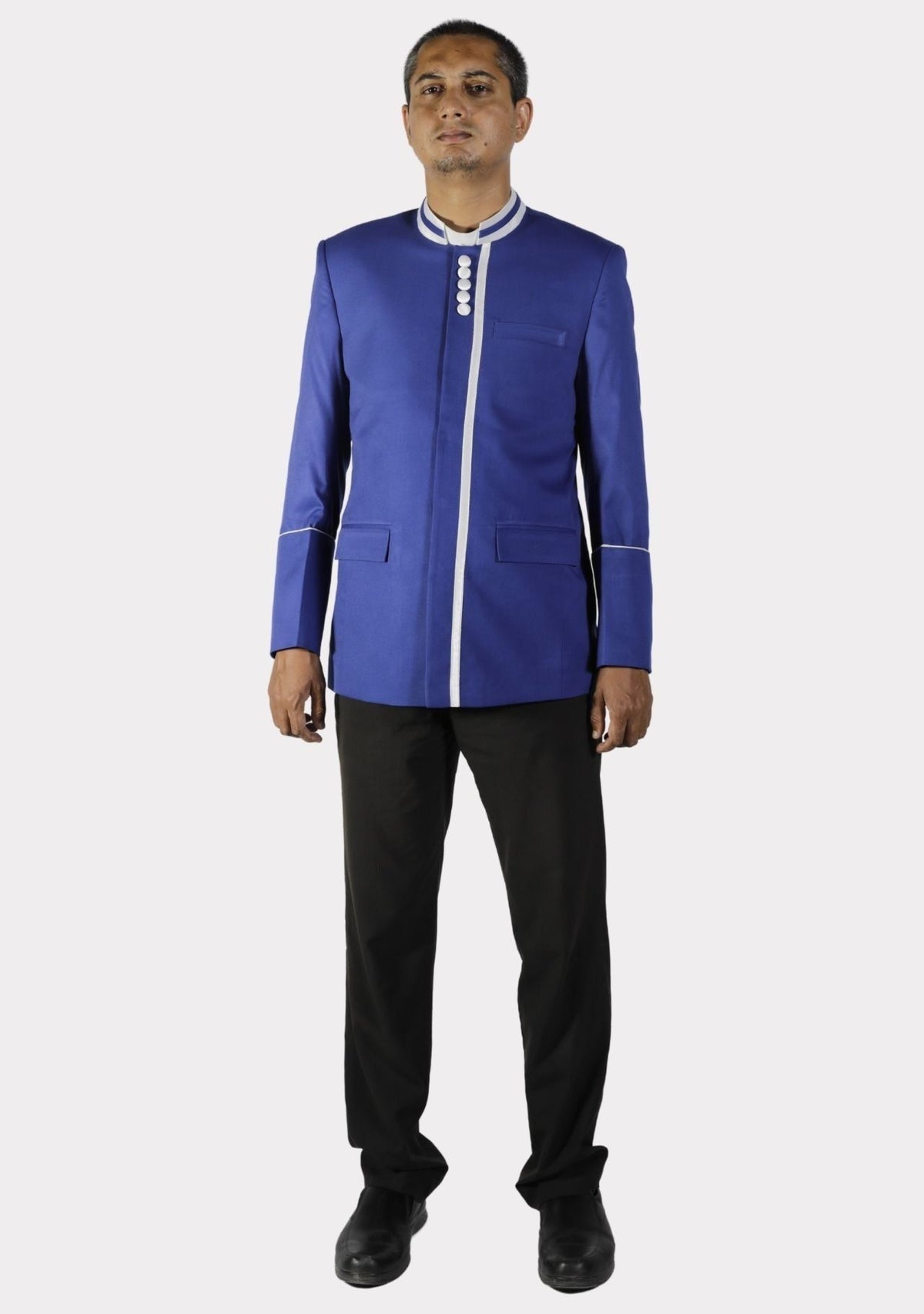 Veste d'ecclésiastique bleu roi avec bordure blanche