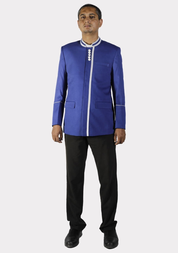 Veste d'ecclésiastique bleu roi avec bordure blanche