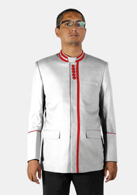 Pasteur blanc avec veste bordée de rouge