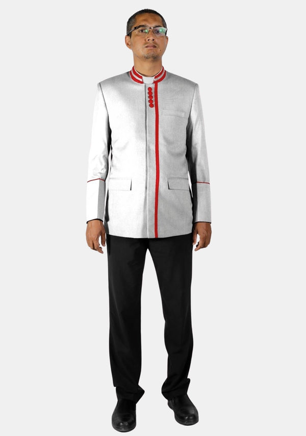 Pasteur blanc avec veste bordée de rouge