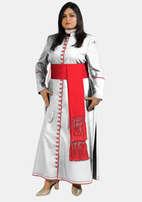 Soutane blanche à passepoil rouge pour femme, pure piété