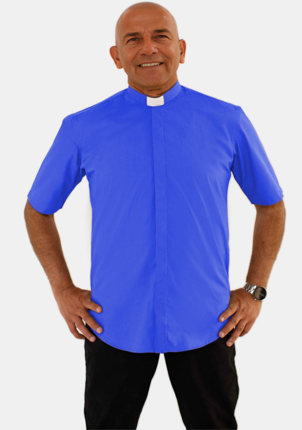 Chemise clergé bleu roi à manches courtes et col rabattu pour homme