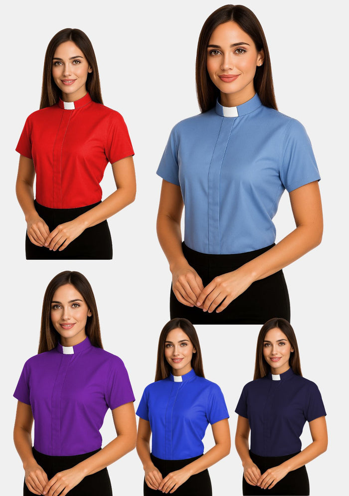 Chemise clergé à manches courtes et col à patte pour femme