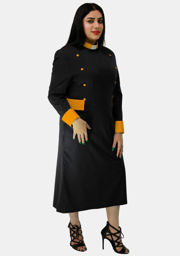 Robe de prêtre noire pour femme avec boutons dorés
