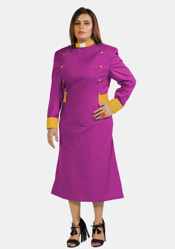 Robe de prêtre pour femme rouge violet avec boutons dorés