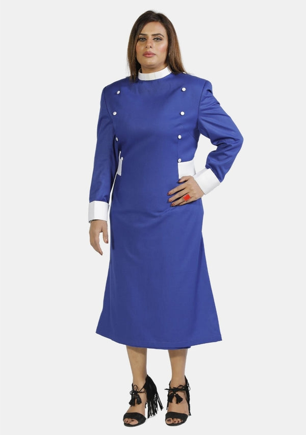 Robe de prêtre pour femme bleu roi avec boutons blancs de créateur