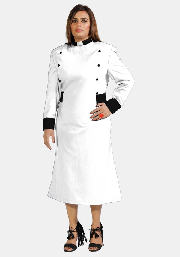Robe de prêtre blanche pour femme avec boutons noirs