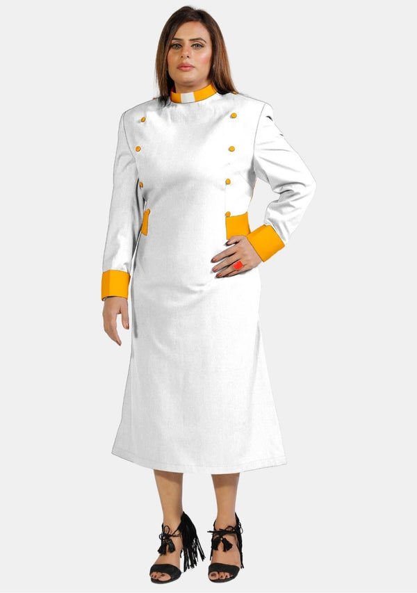 Robe de prêtre blanche pour femme avec boutons dorés