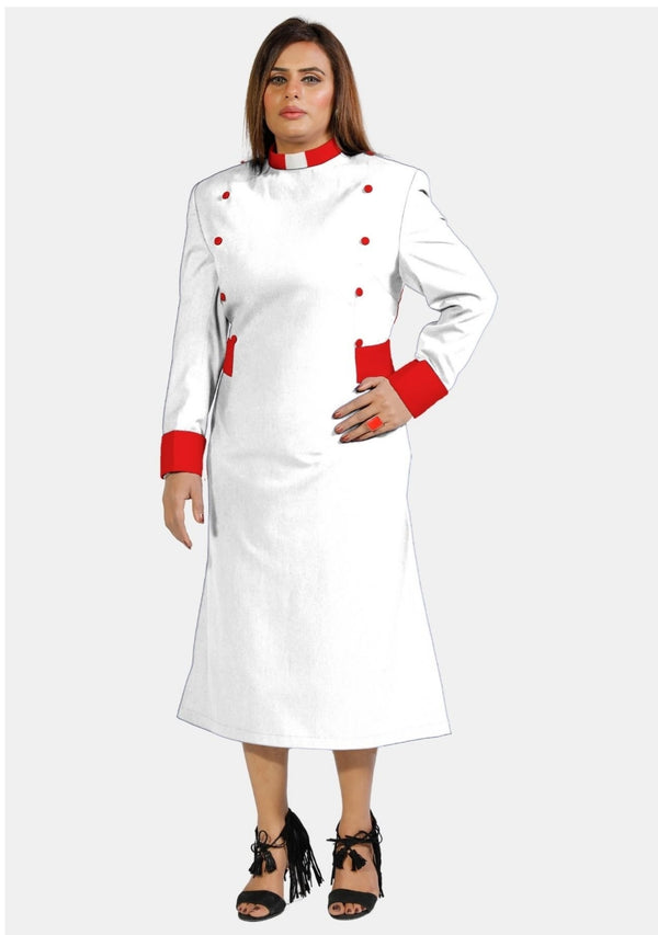 Robe de prêtre blanche pour femme avec boutons rouges