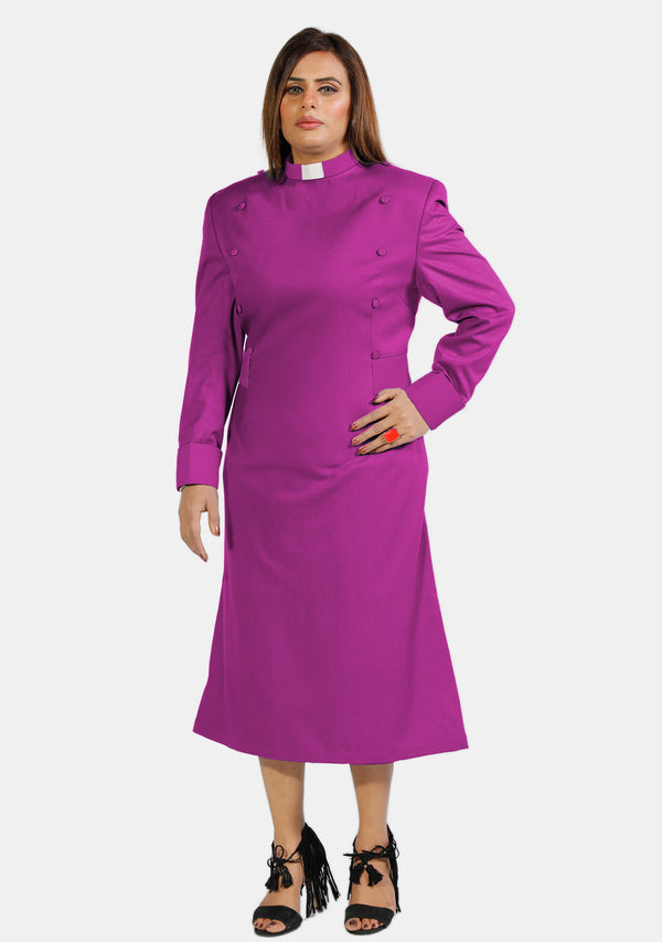 Robe de prêtre pour femme rouge et violet avec boutons de créateur
