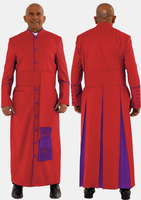 Robe de prêtre rouge à bordures violettes romaines pour homme